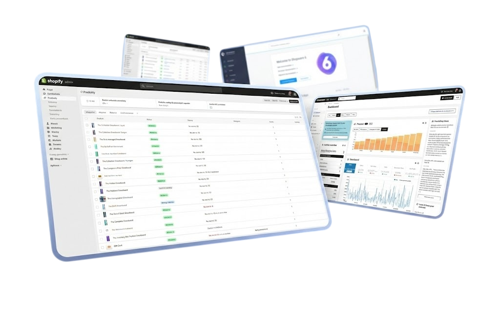 E-commerce platforms — Shopify, Shopware, WooCommerce with analytics dashboard